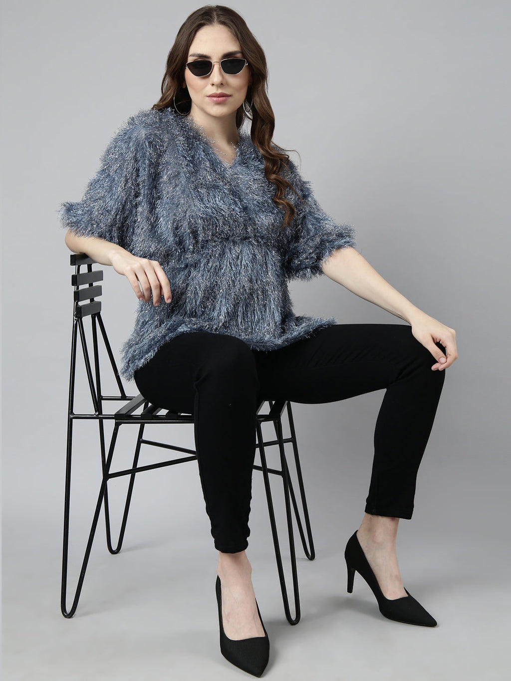 Women's Grey Self Design V-Neck Fringed Blouson Top