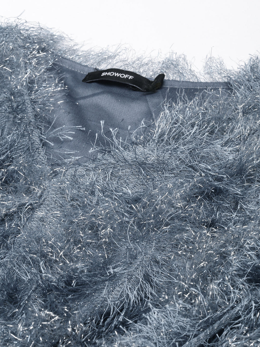 Women's Grey Self Design V-Neck Fringed Blouson Top