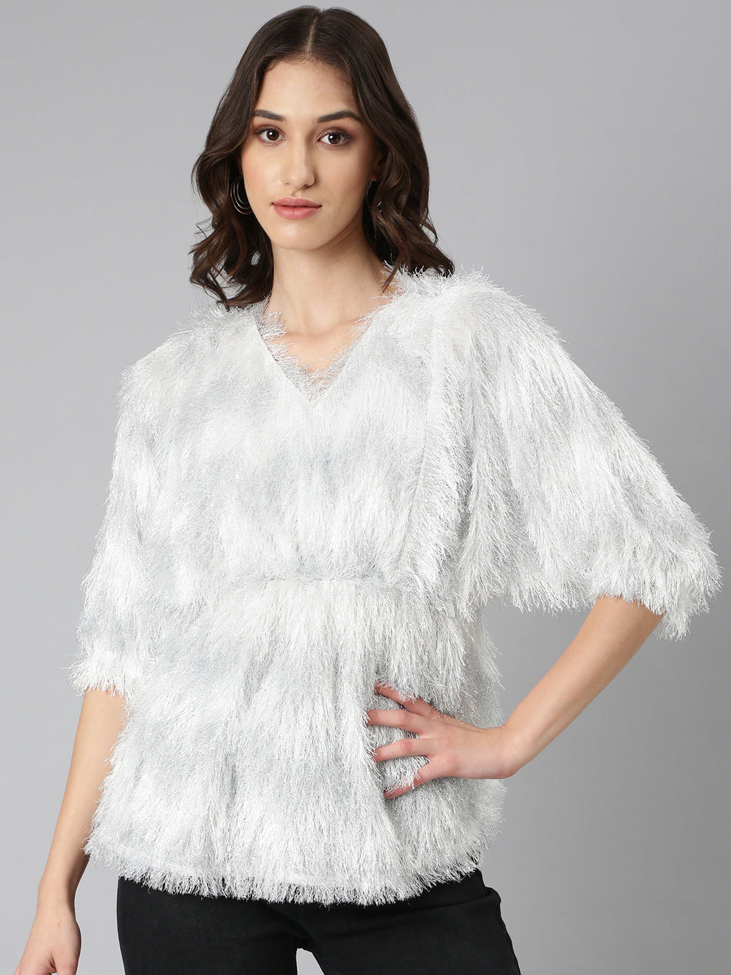 Women's White Self Design V-Neck Faux Fur Trim Regular Top