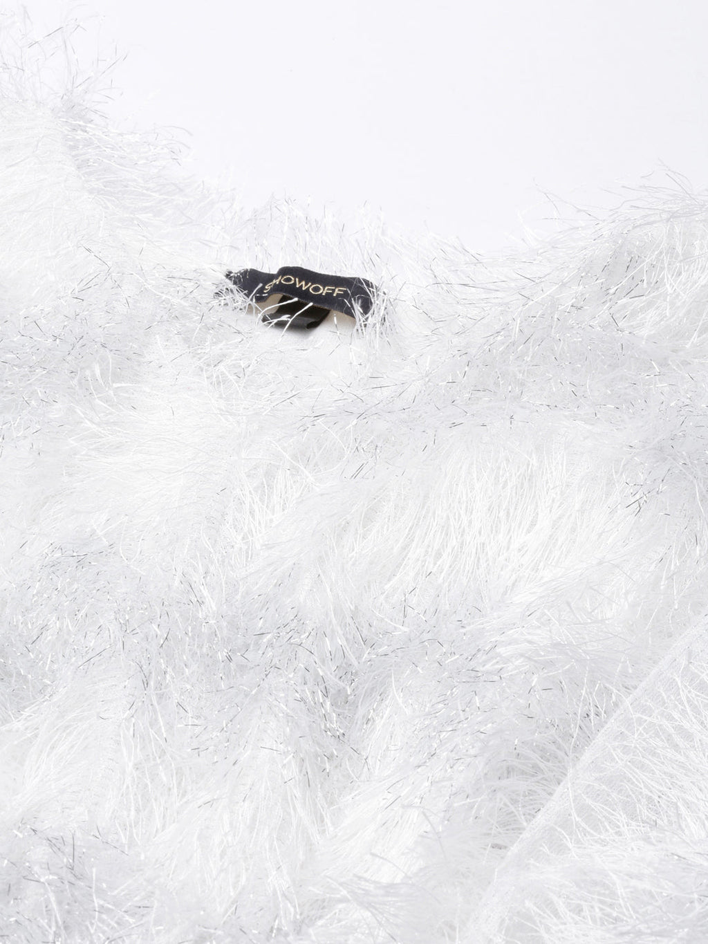 Women's White Self Design V-Neck Faux Fur Trim Regular Top