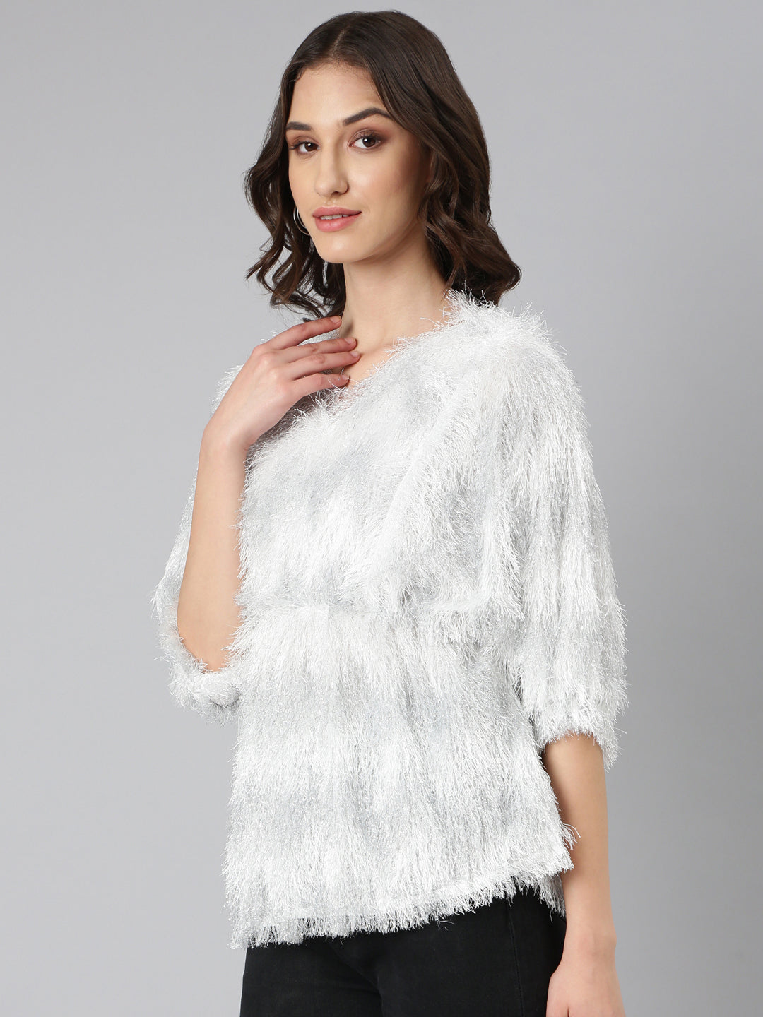 Women's White Self Design V-Neck Faux Fur Trim Regular Top