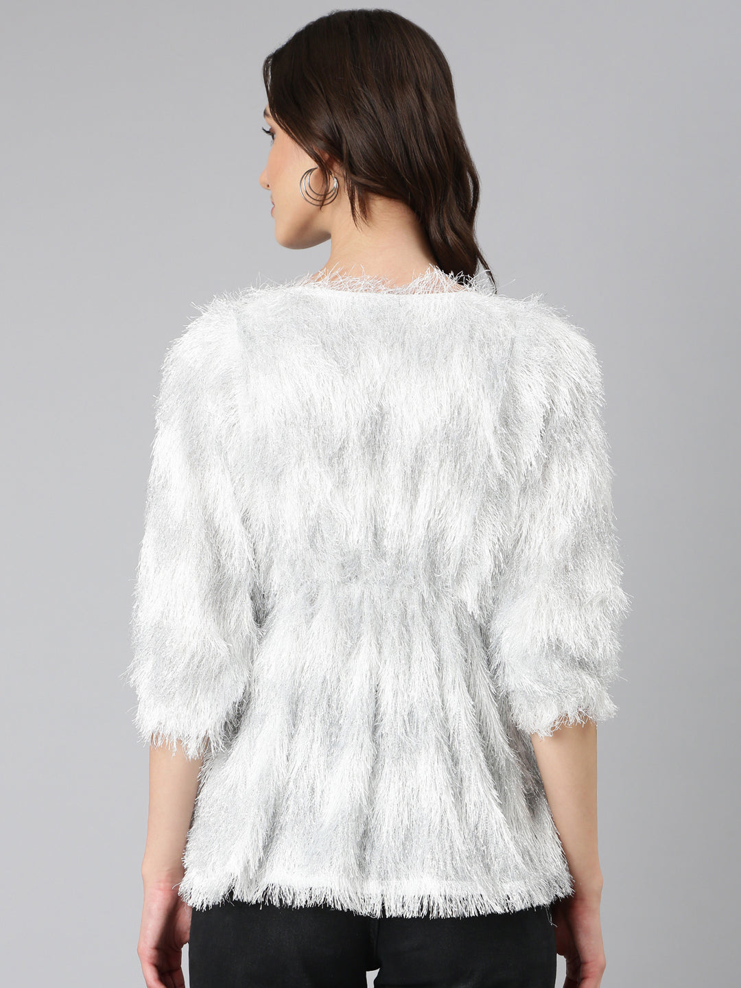 Women's White Self Design V-Neck Faux Fur Trim Regular Top