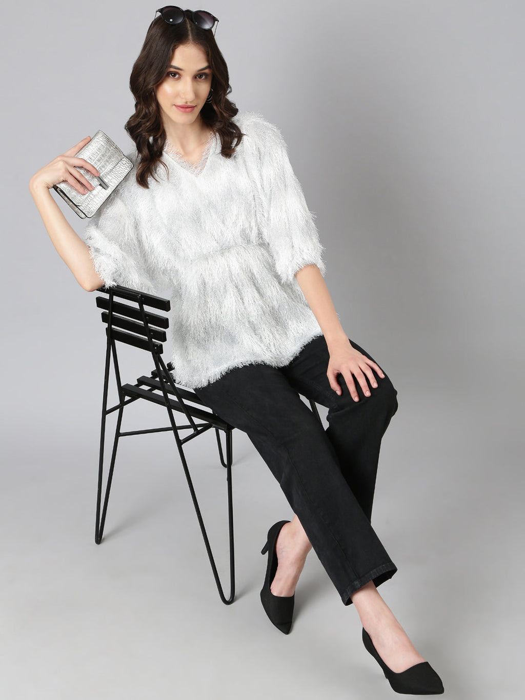 Women's White Self Design V-Neck Faux Fur Trim Regular Top