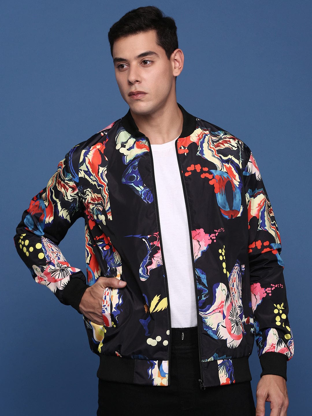 Men's Printed Black Bomber Jacket
