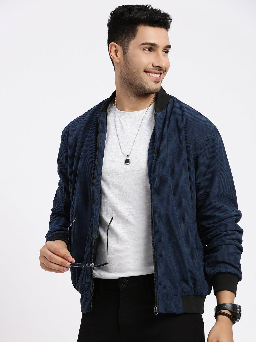 Men's Navy Blue Self Design Corduroy Bomber Jacket