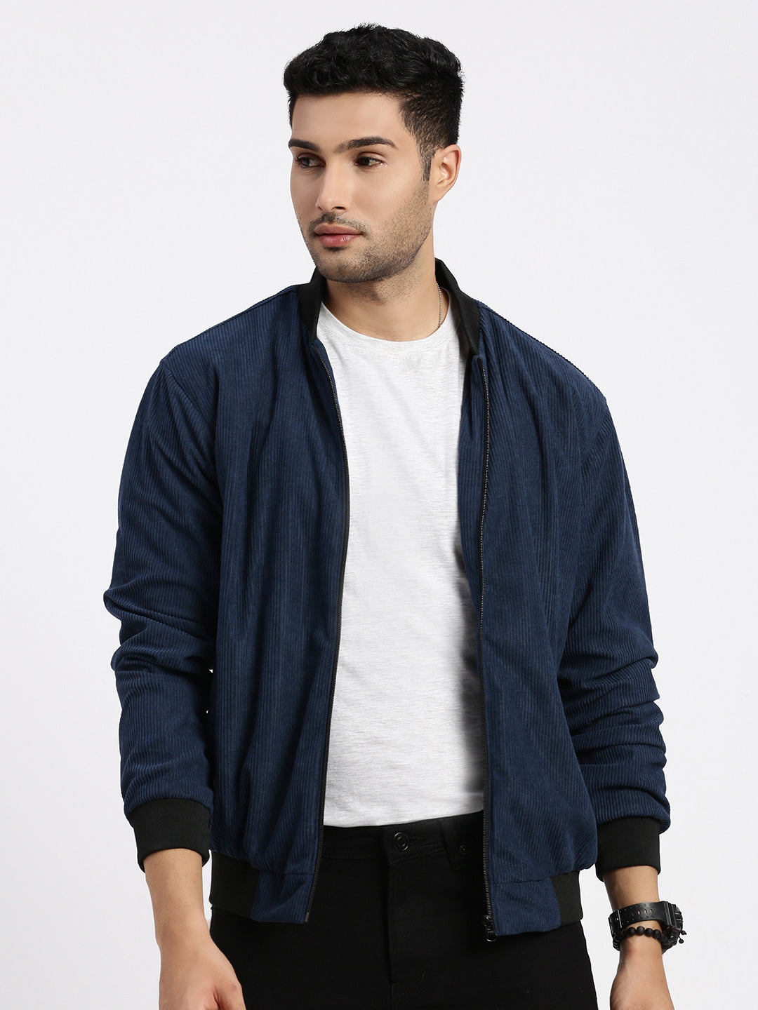 Men's Navy Blue Self Design Corduroy Bomber Jacket