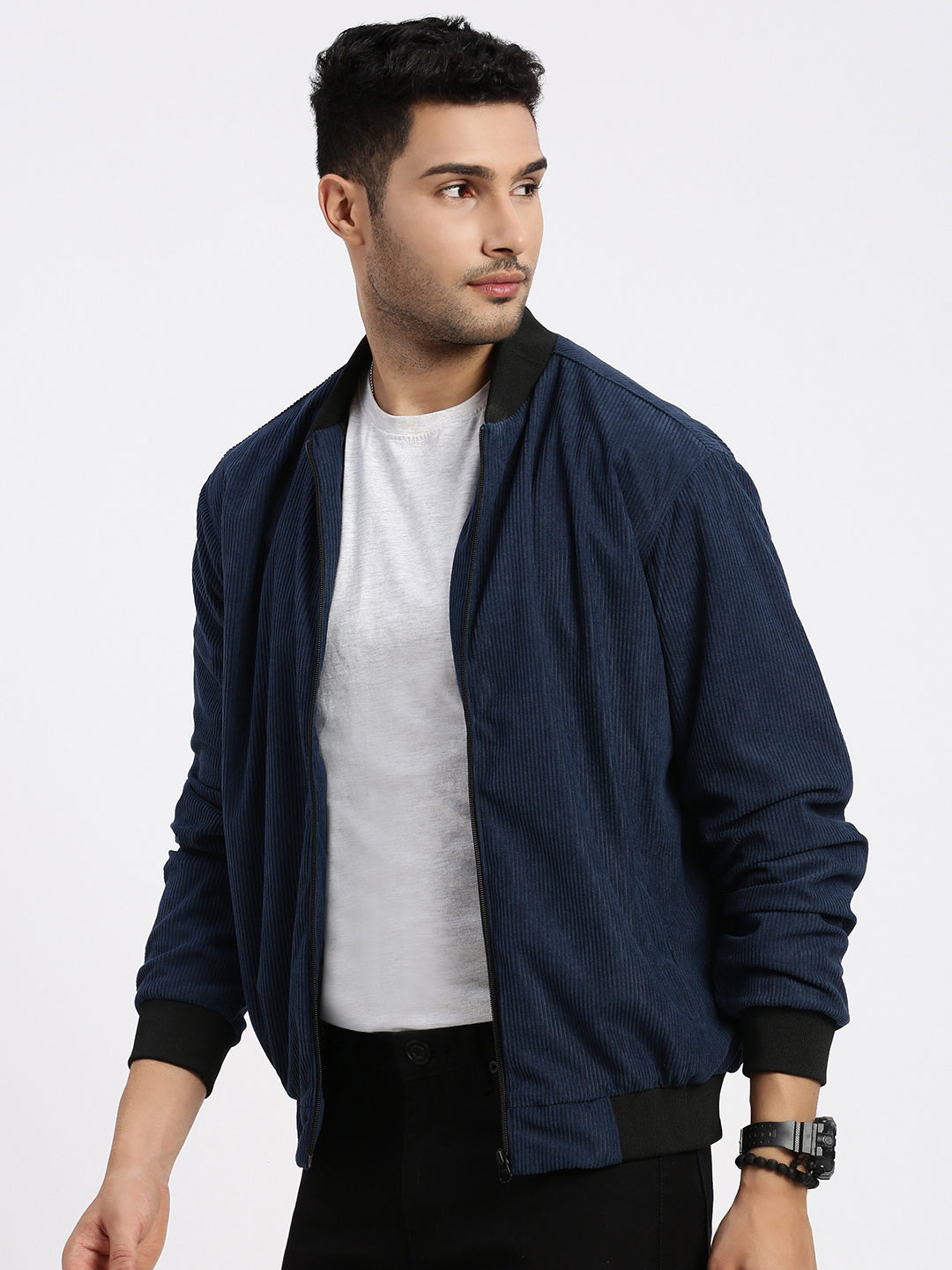 Men's Navy Blue Self Design Corduroy Bomber Jacket