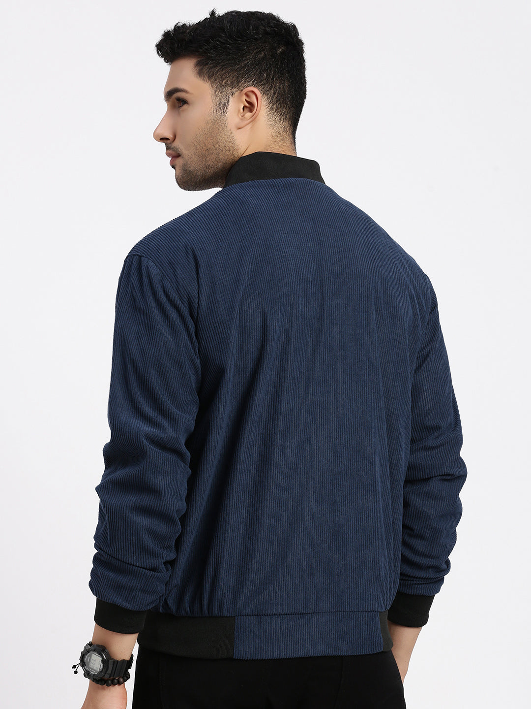 Men's Navy Blue Self Design Corduroy Bomber Jacket