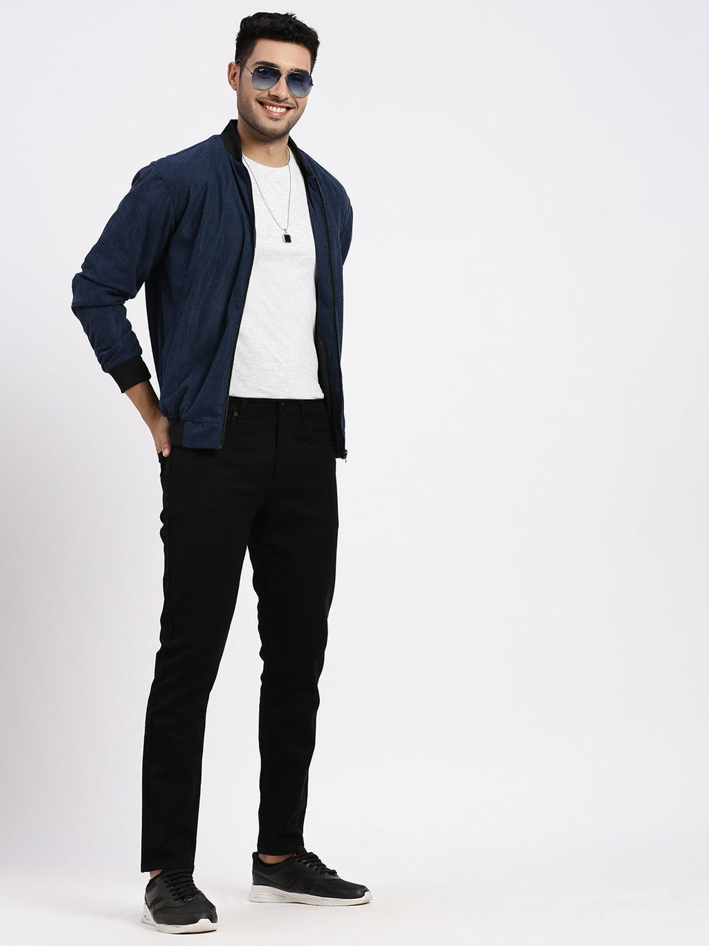 Men's Navy Blue Self Design Corduroy Bomber Jacket