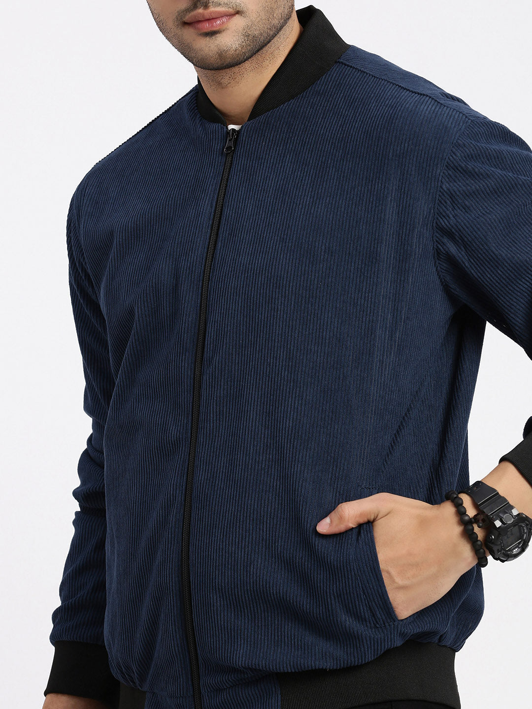 Men's Navy Blue Self Design Corduroy Bomber Jacket