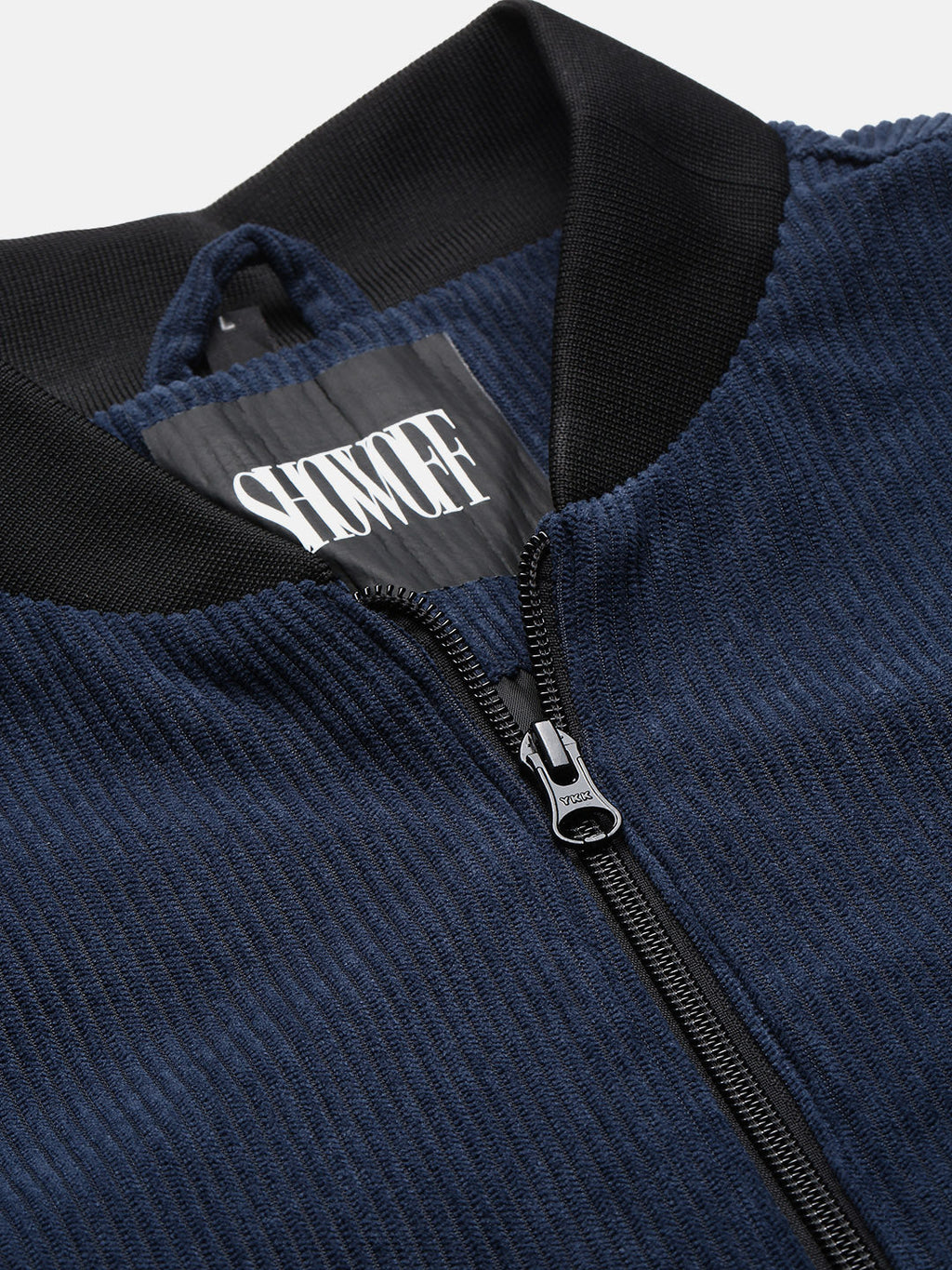 Men's Navy Blue Self Design Corduroy Bomber Jacket