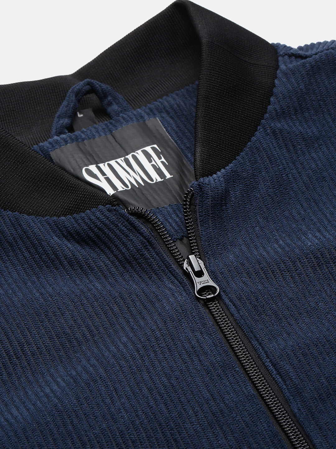 Men's Navy Blue Self Design Corduroy Bomber Jacket