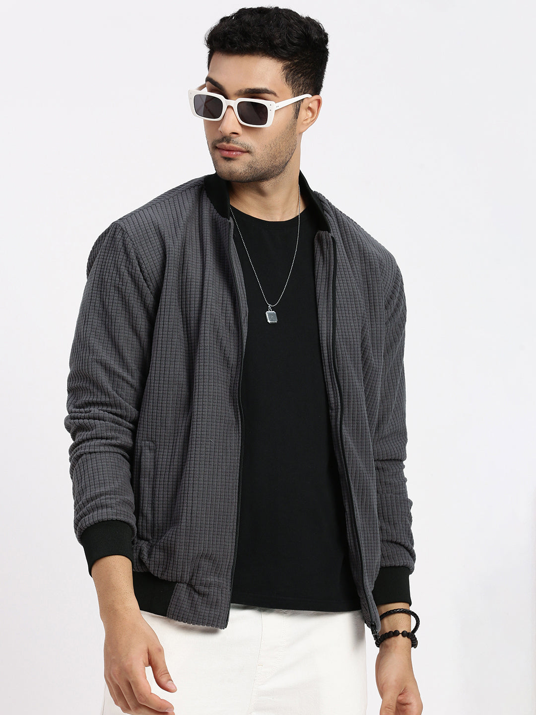 Men's Charcoal Solid Bomber Jacket