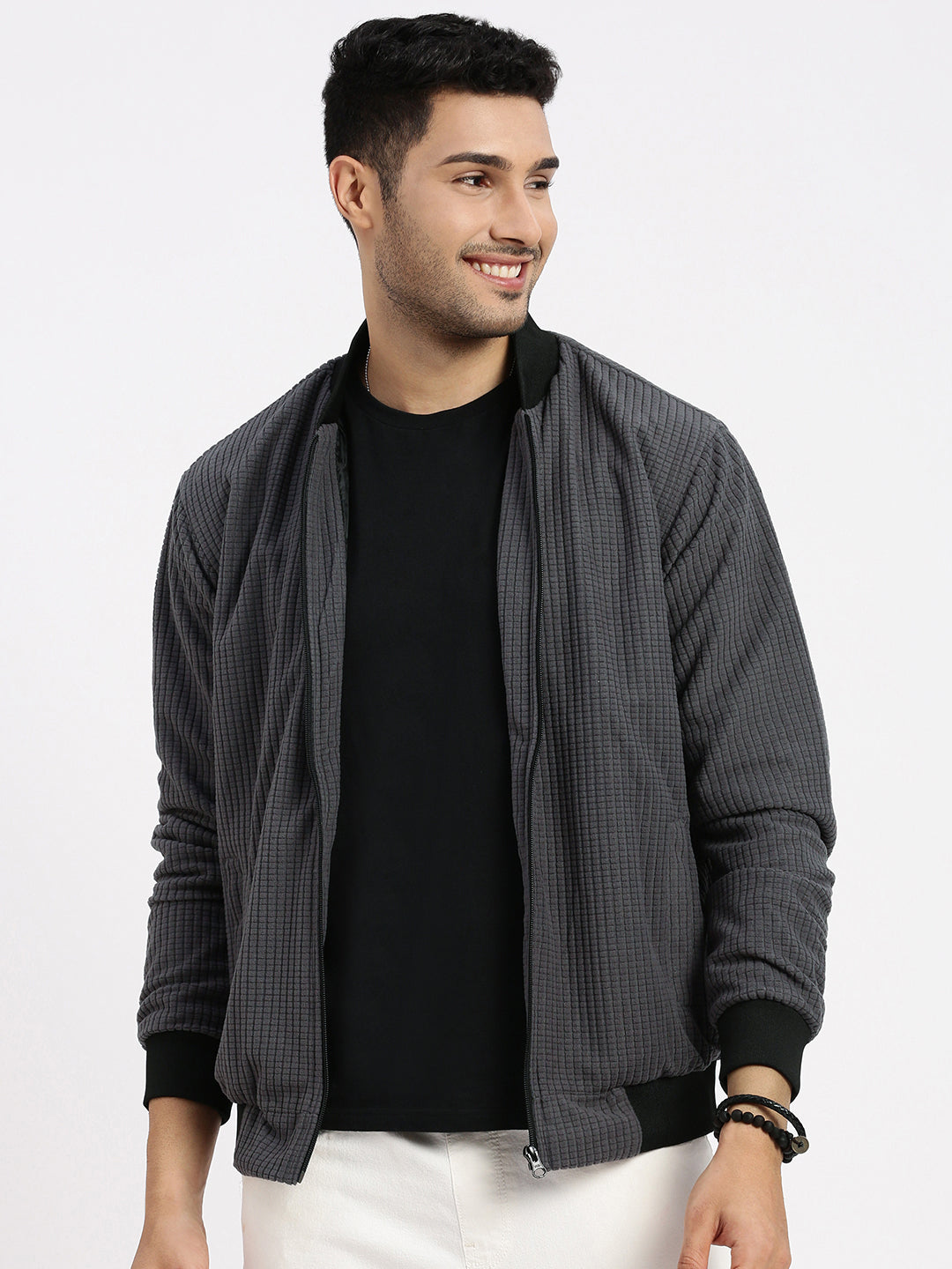 Men's Charcoal Solid Bomber Jacket