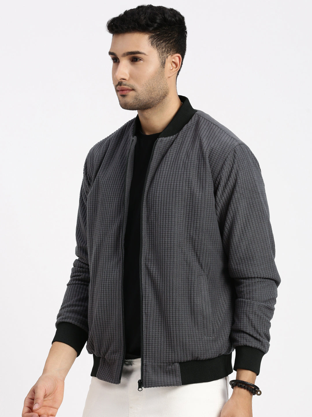 Men's Charcoal Solid Bomber Jacket
