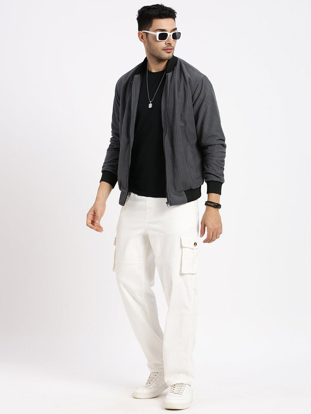 Men's Charcoal Solid Bomber Jacket