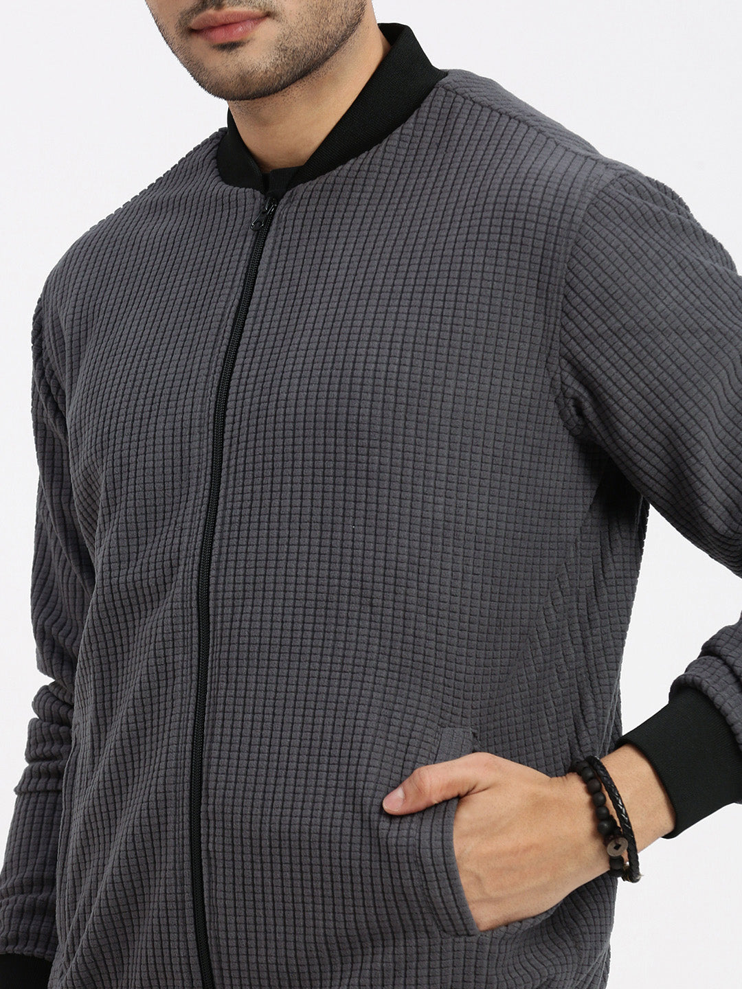 Men's Charcoal Solid Bomber Jacket