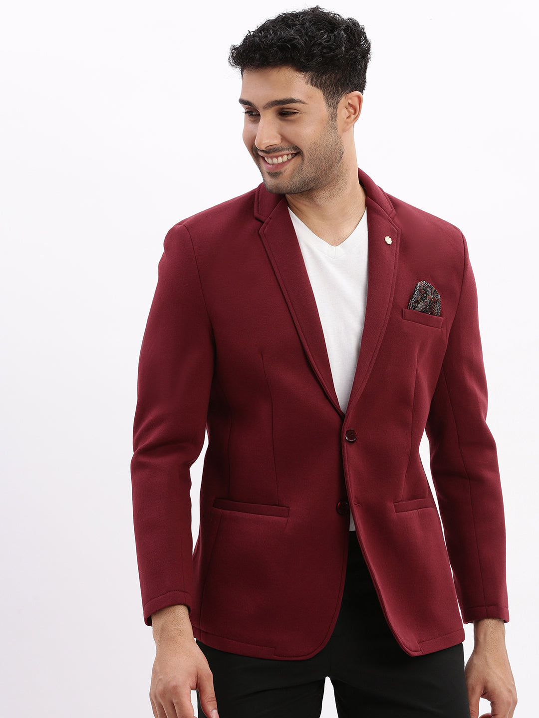 Men's Maroon Solid Single Breasted Blazer
