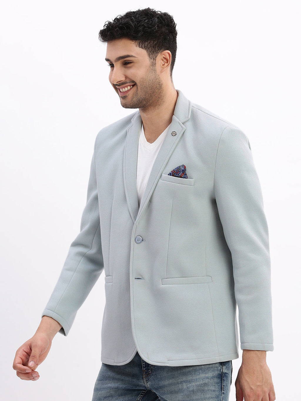 Men's Blue Single-Breasted Slim Fit Blazer with Notched Lapel
