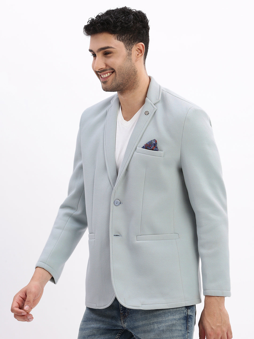 Men's Blue Single-Breasted Slim Fit Blazer with Notched Lapel