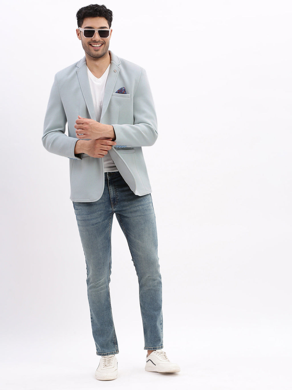 Men's Blue Single-Breasted Slim Fit Blazer with Notched Lapel