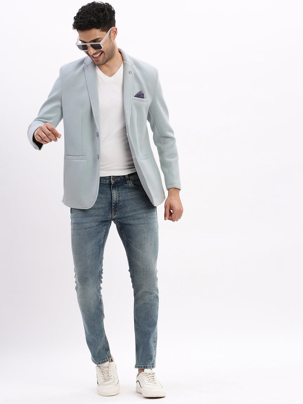 Men's Blue Single-Breasted Slim Fit Blazer with Notched Lapel