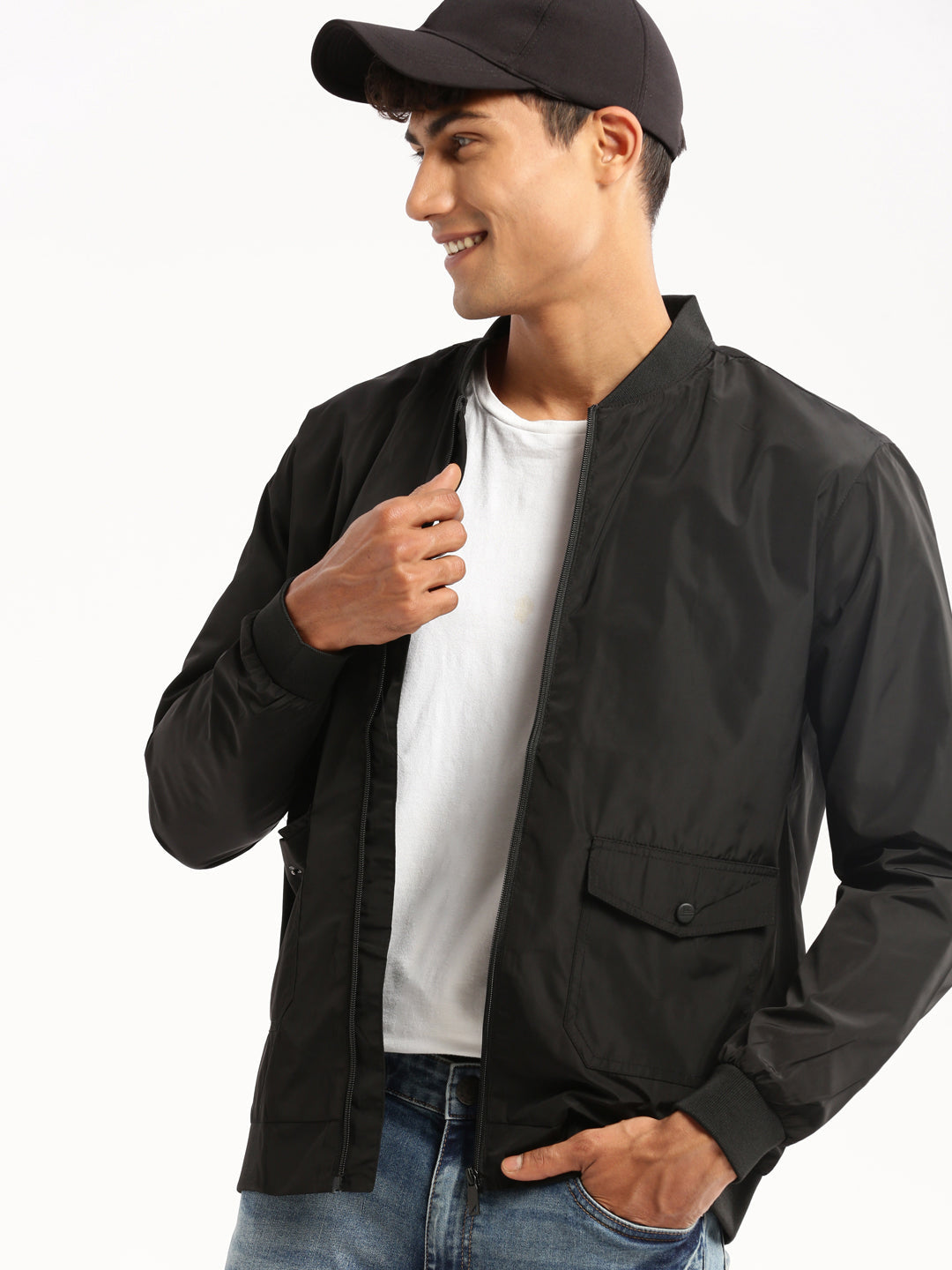 Men's Black Stand Collar Bomber Jacket