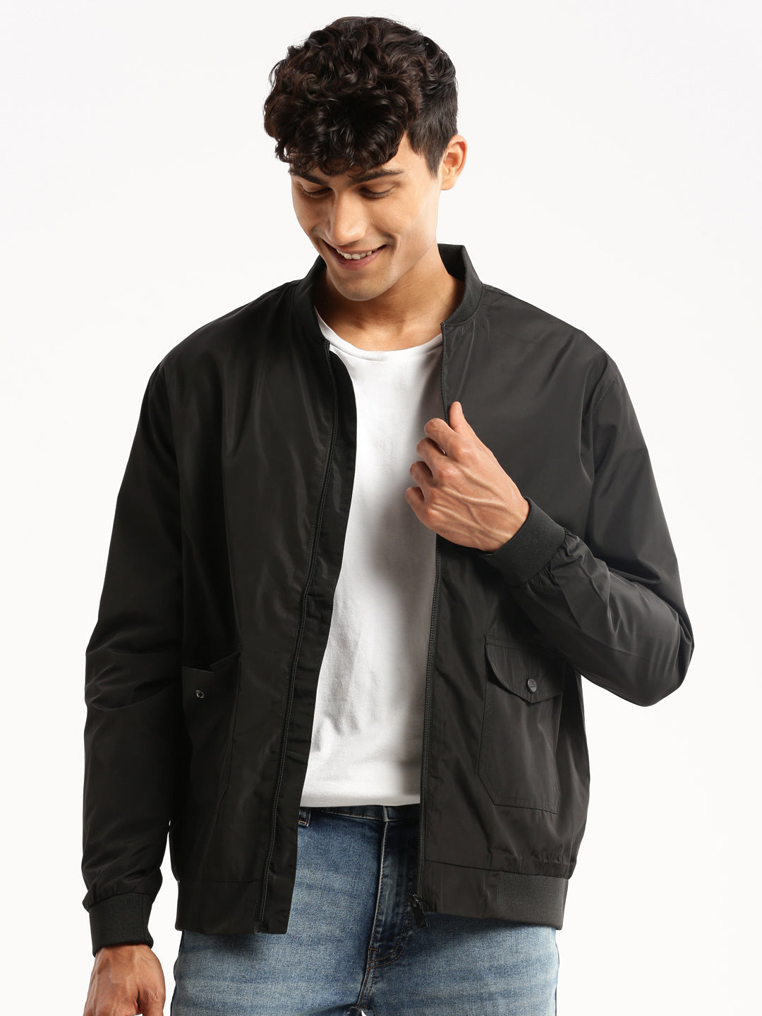 Men's Black Stand Collar Bomber Jacket