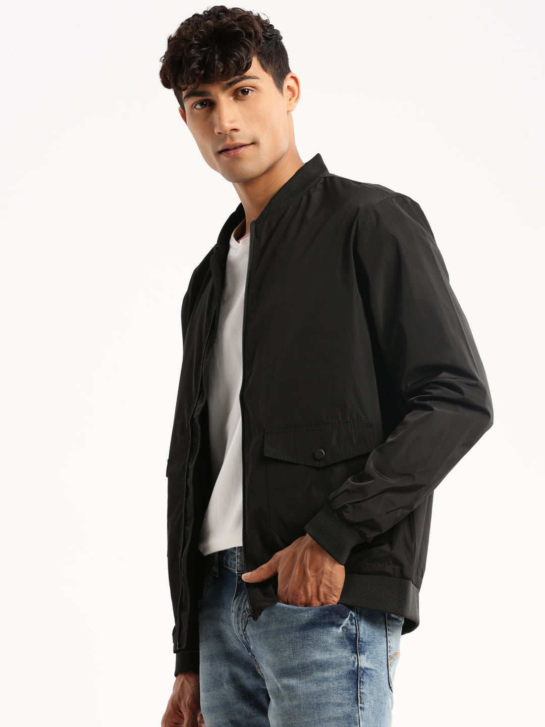 Men's Black Stand Collar Bomber Jacket