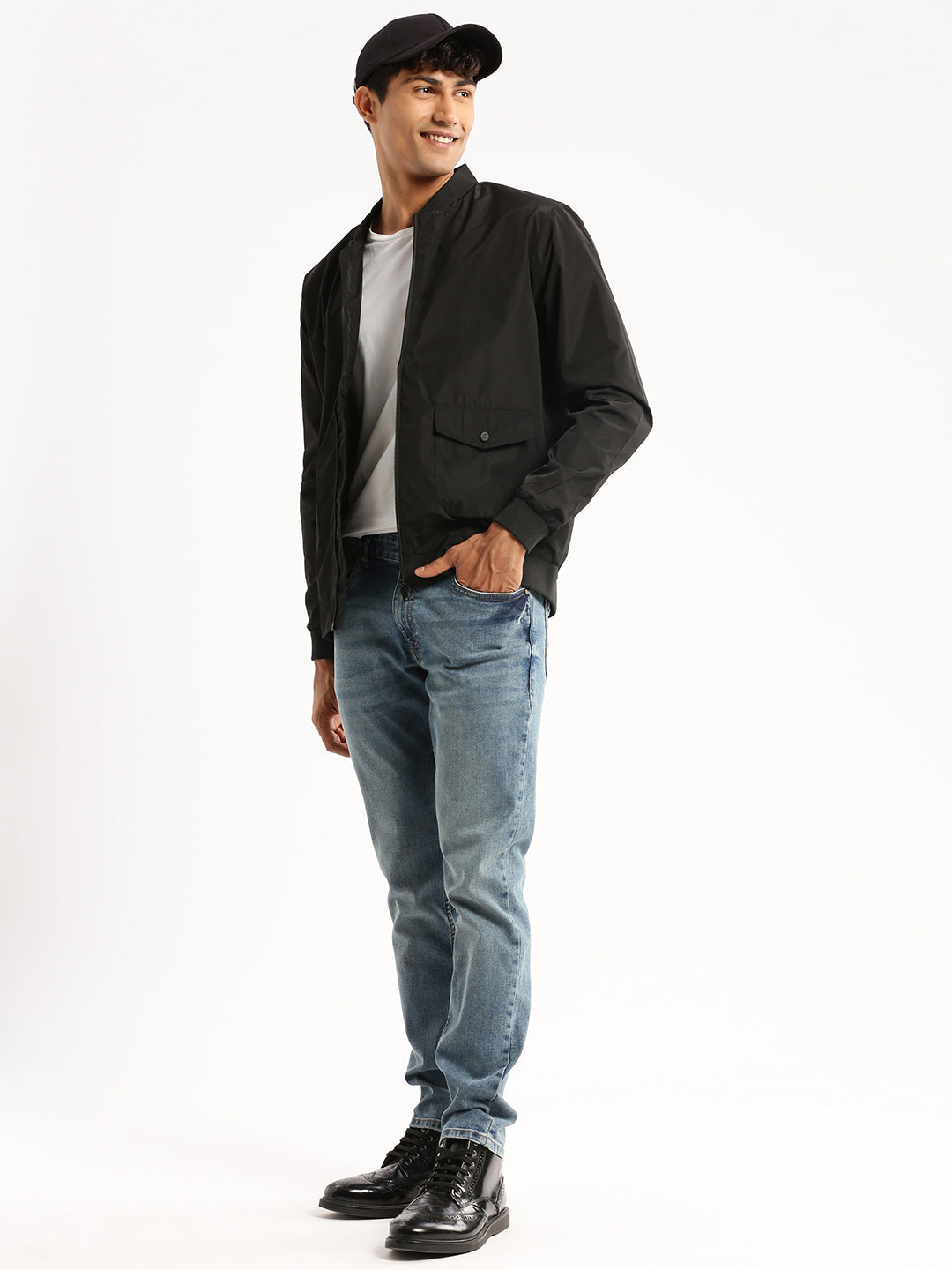 Men's Black Stand Collar Bomber Jacket