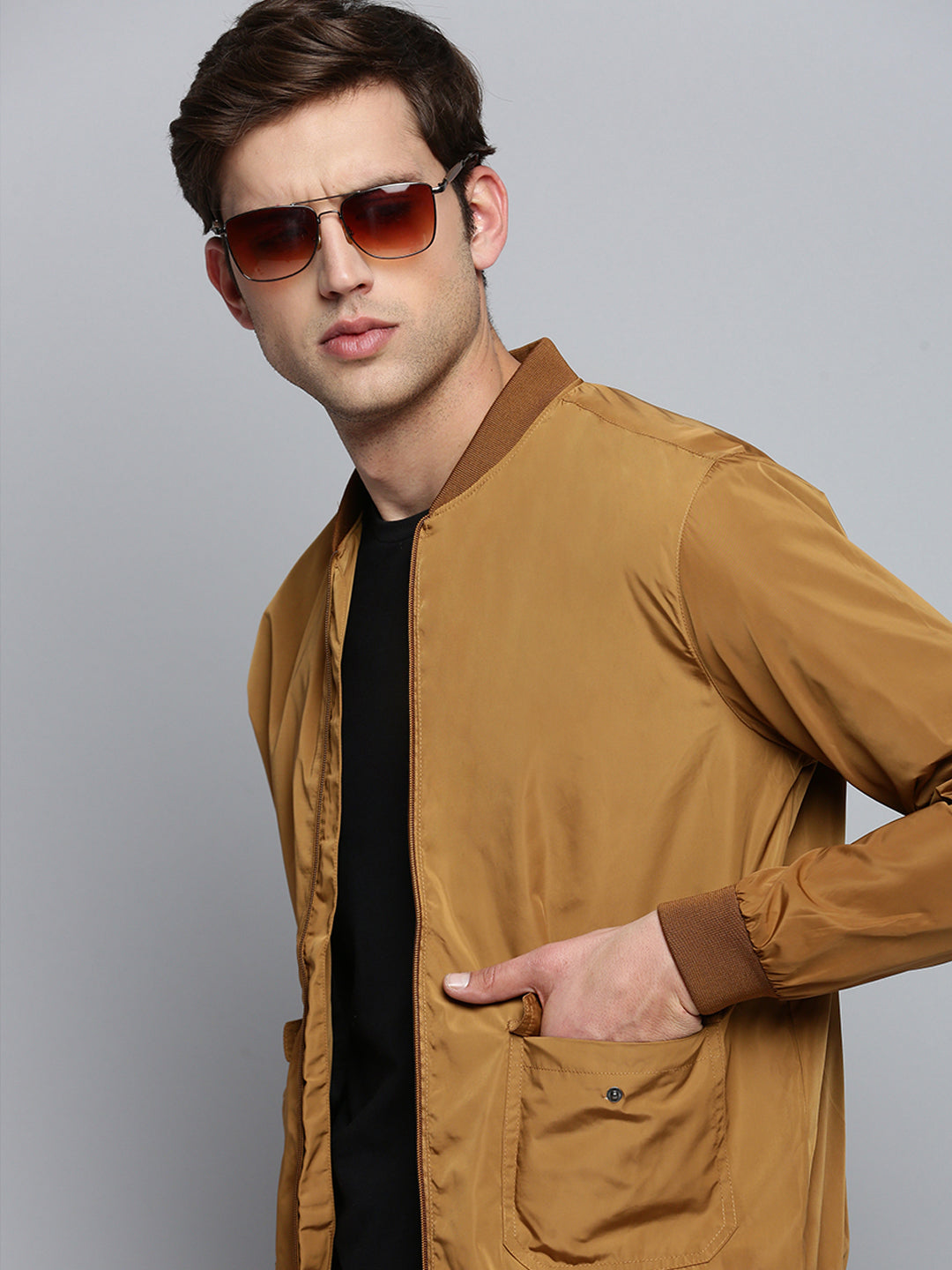 Men's Brown Mandarin Collar Water Resistant Bomber Jacket