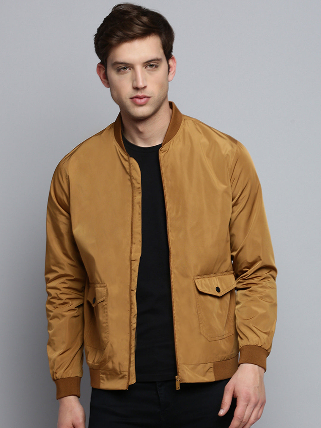 Men's Brown Mandarin Collar Water Resistant Bomber Jacket