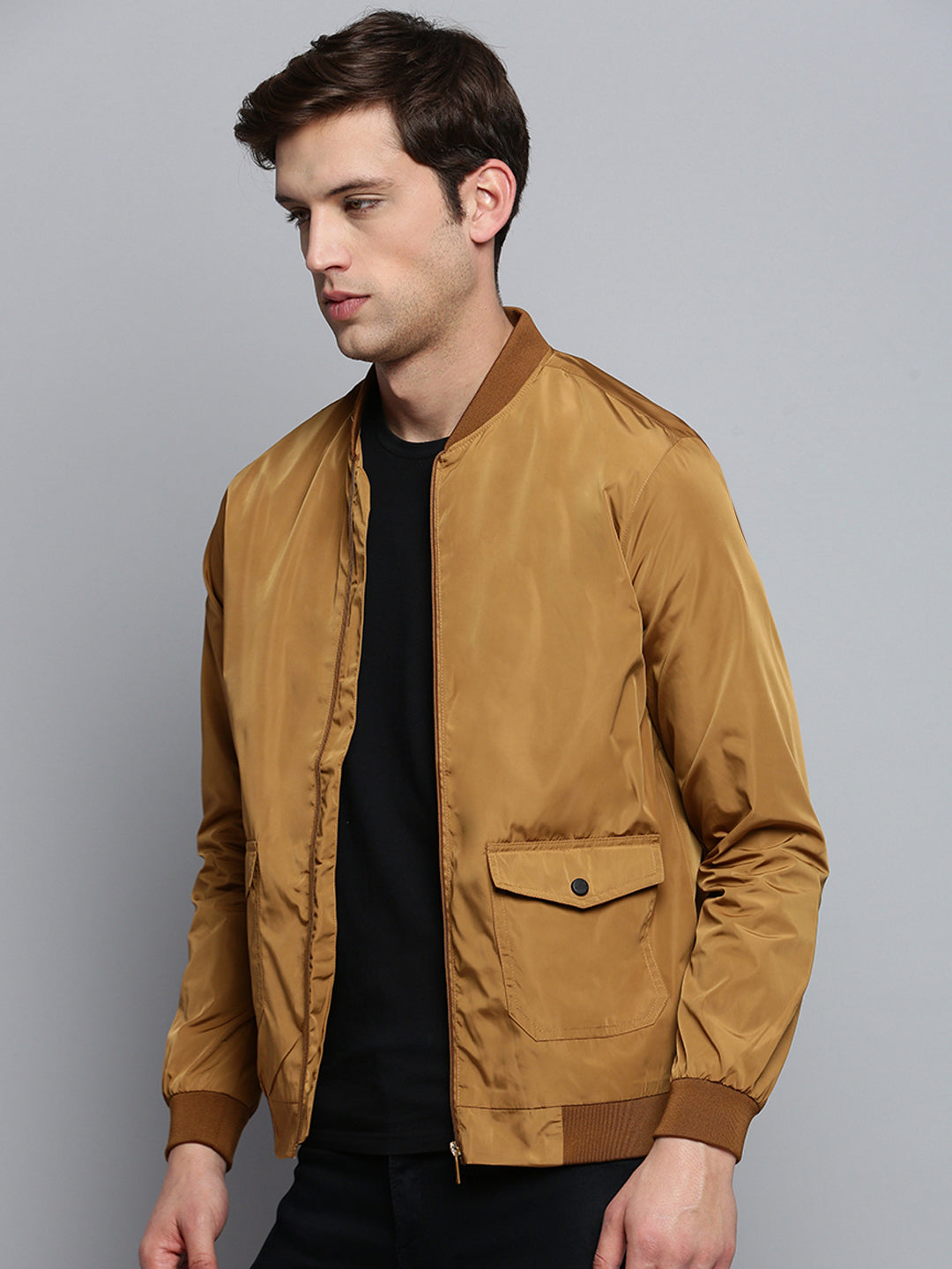 Men's Brown Mandarin Collar Water Resistant Bomber Jacket