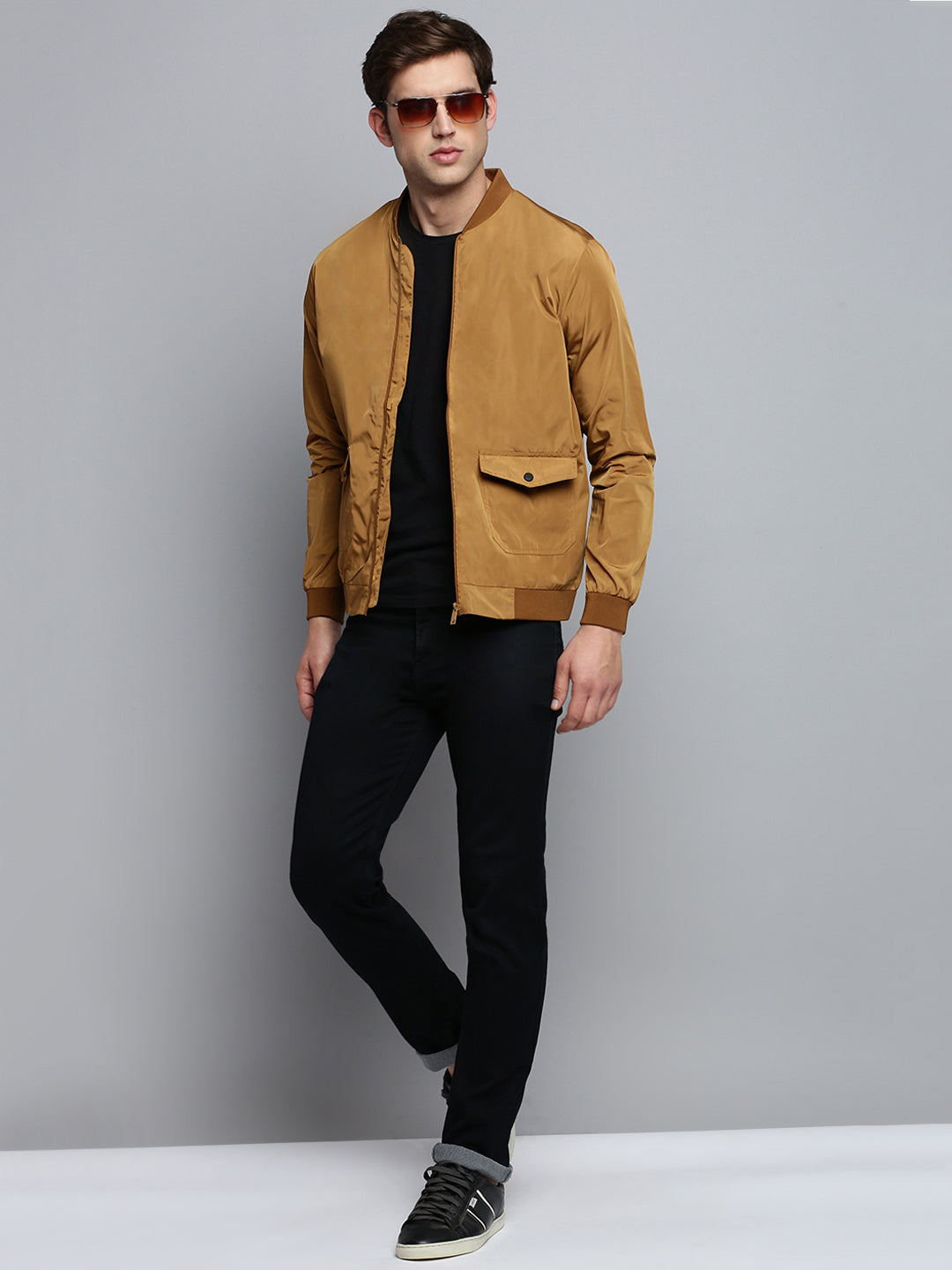 Men's Brown Mandarin Collar Water Resistant Bomber Jacket