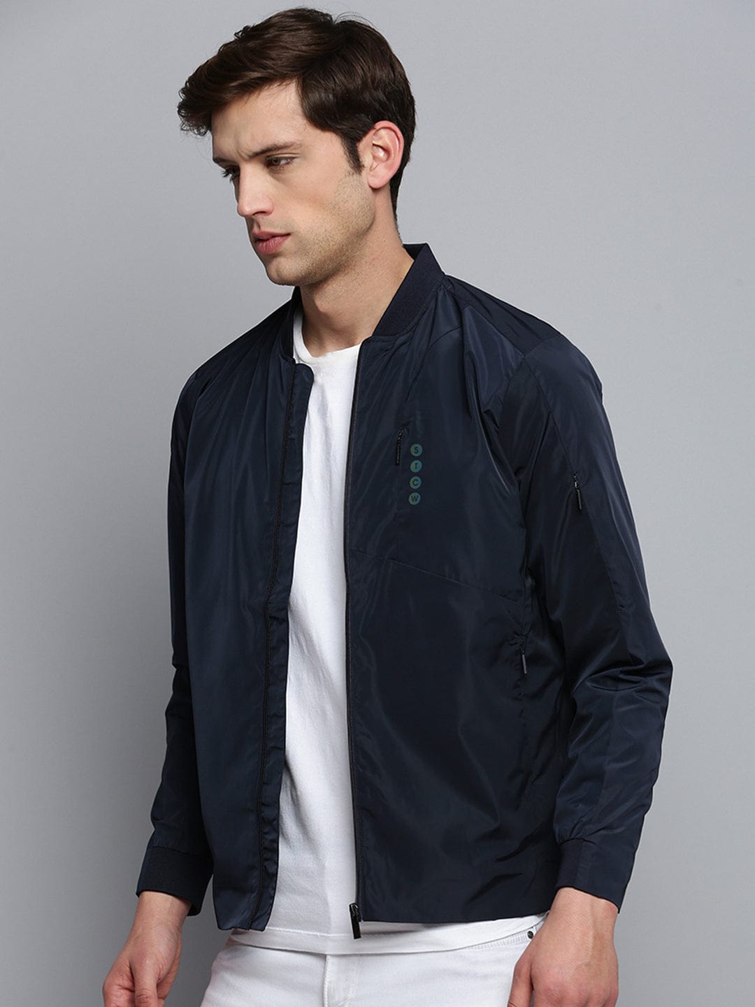 Men's Mandarin Collar Navy Blue Solid Open Front Jacket