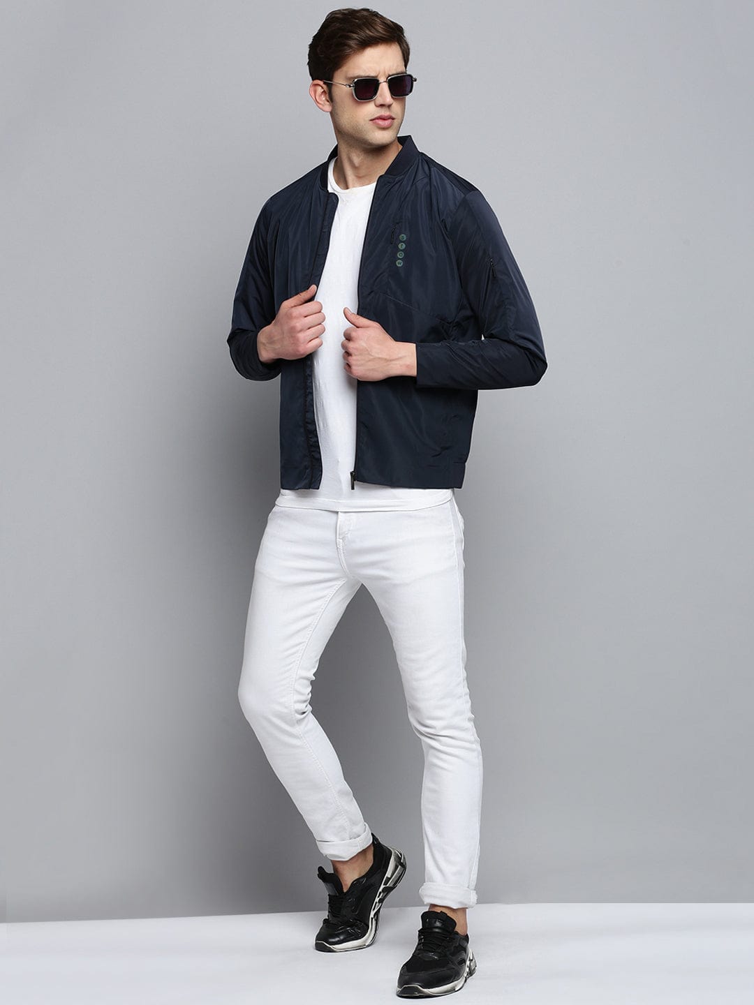 Men's Mandarin Collar Navy Blue Solid Open Front Jacket