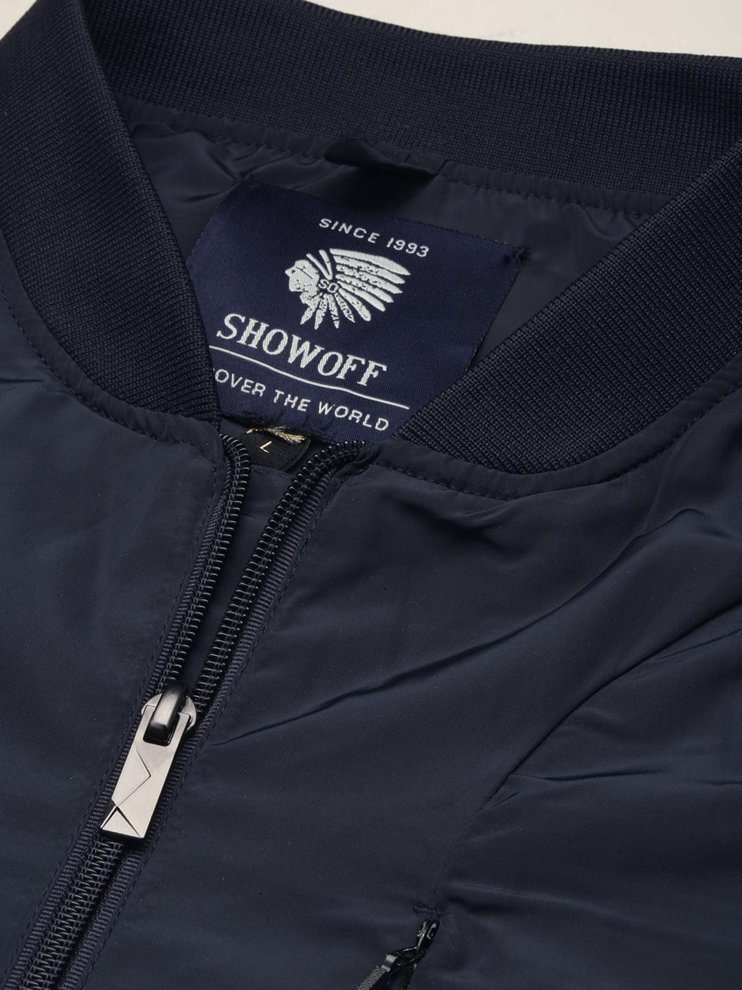 Men's Mandarin Collar Navy Blue Solid Open Front Jacket