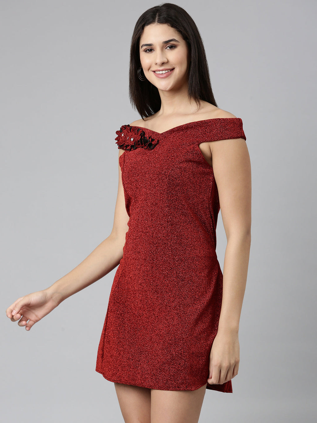 Women's Maroon Off-Shoulder Embellished A-Line Midi Dress