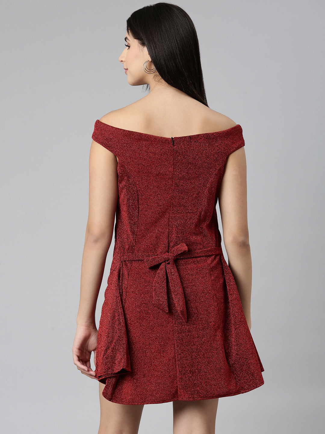 Women's Maroon Off-Shoulder Embellished A-Line Midi Dress