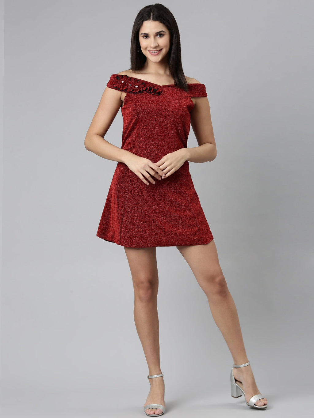 Women's Maroon Off-Shoulder Embellished A-Line Midi Dress