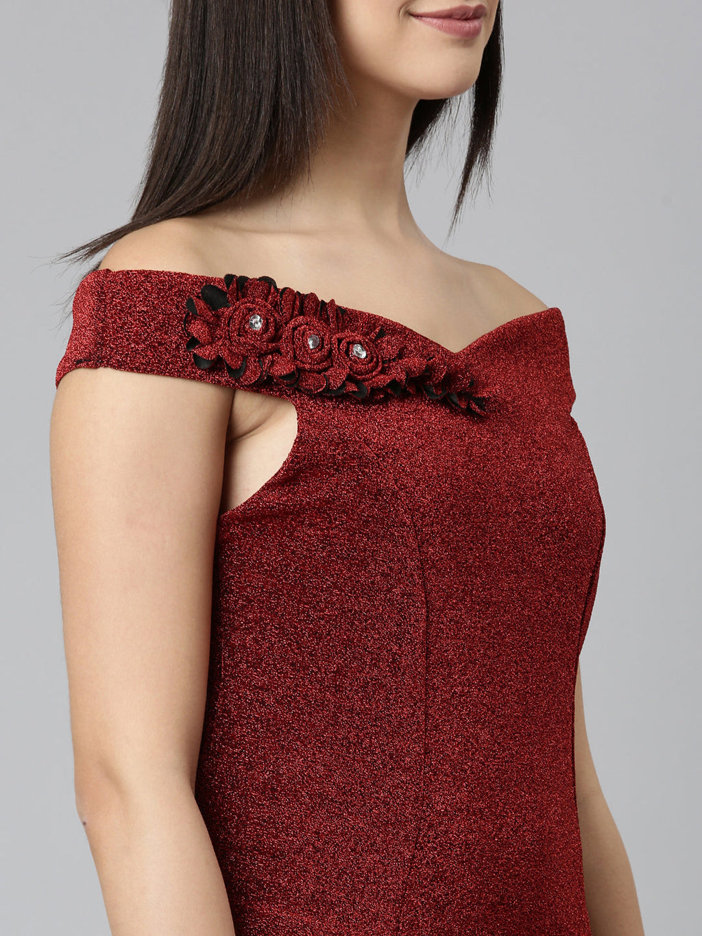 Women's Maroon Off-Shoulder Embellished A-Line Midi Dress