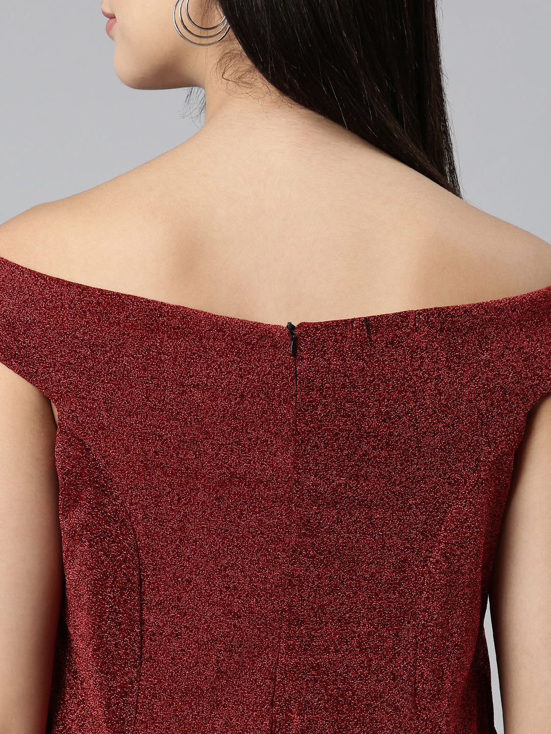 Women's Maroon Off-Shoulder Embellished A-Line Midi Dress