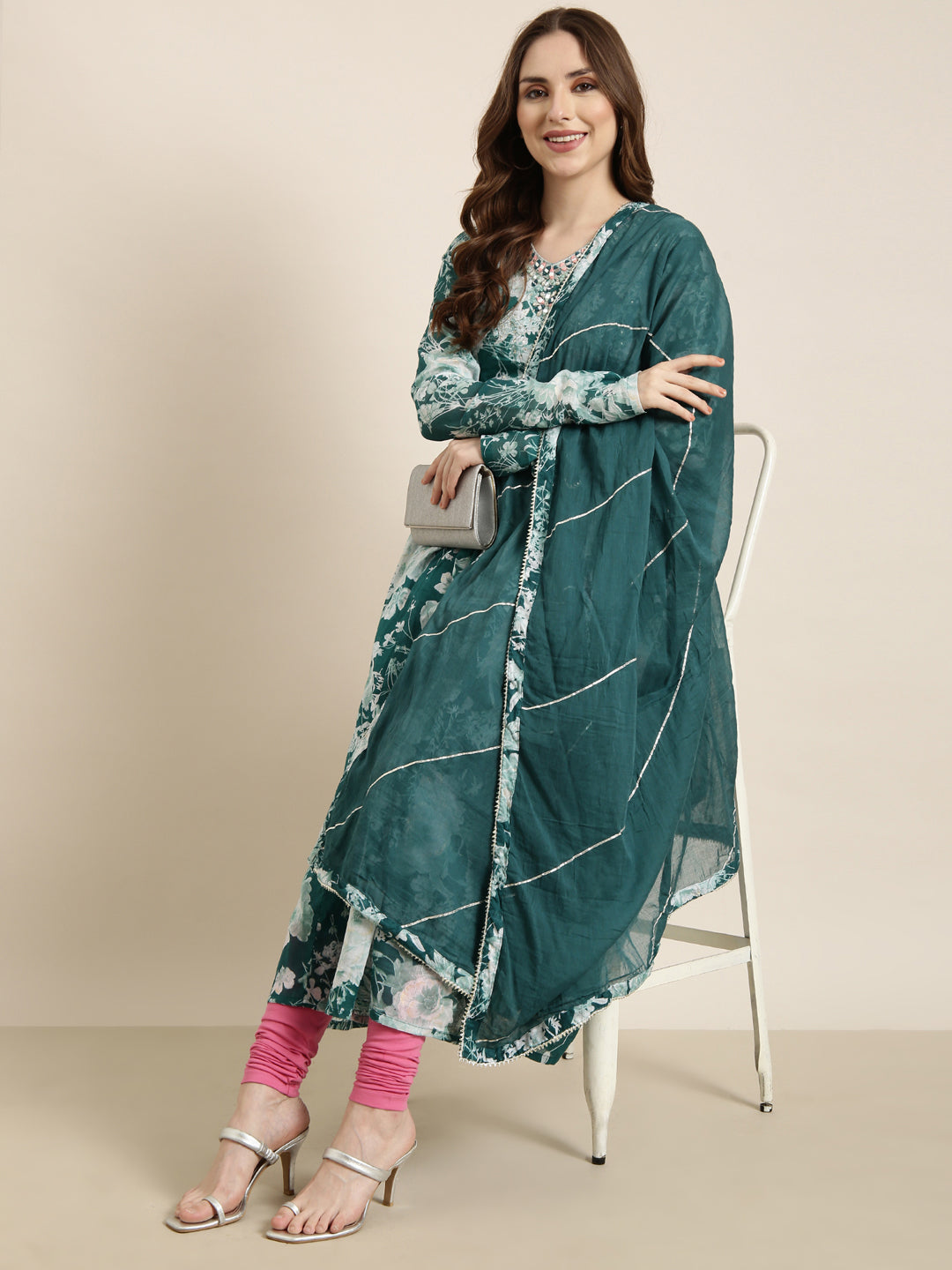 Women's Anarkali Teal Floral Kurta Sets with Dupatta
