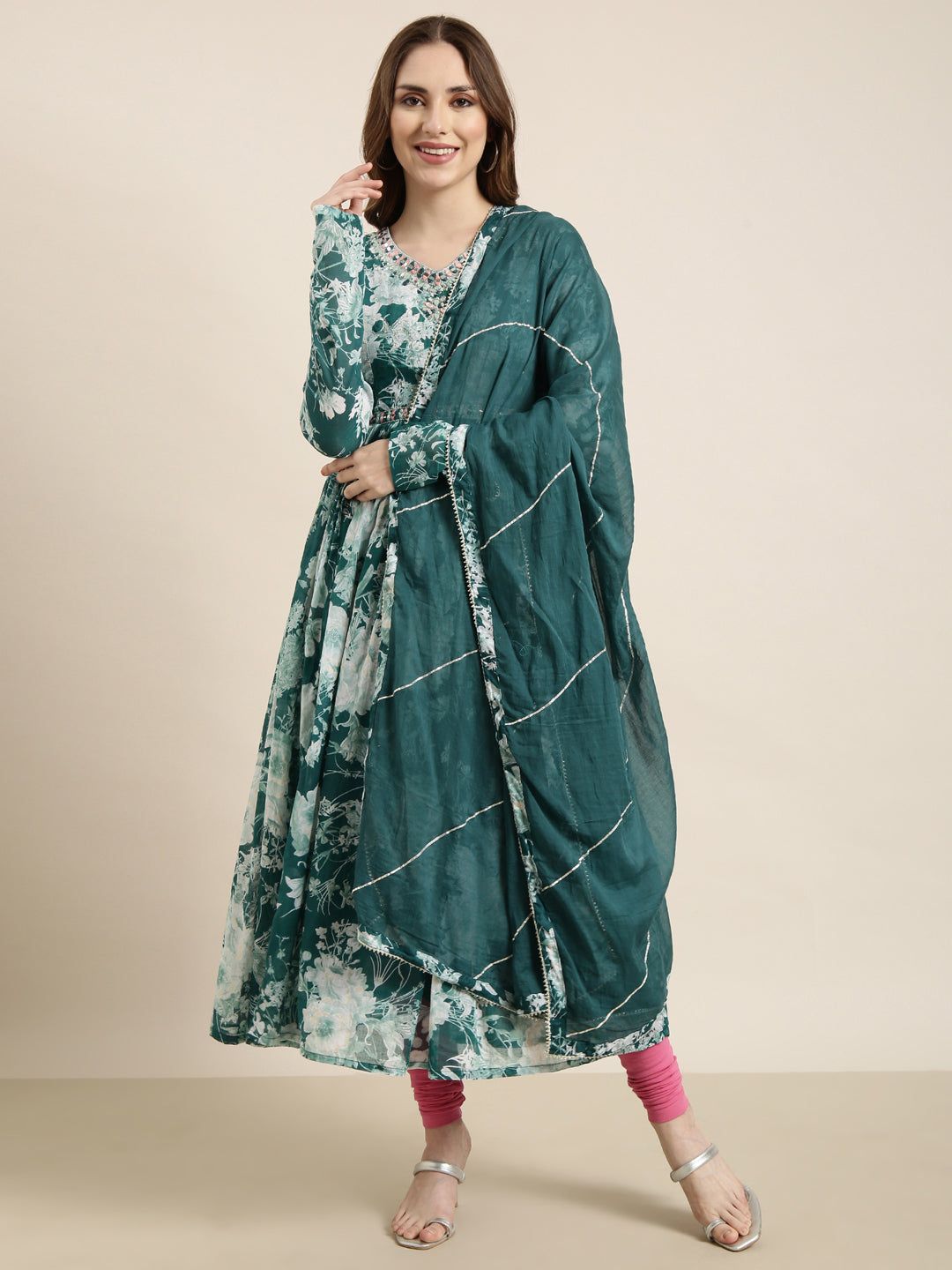Women's Anarkali Teal Floral Kurta Sets with Dupatta
