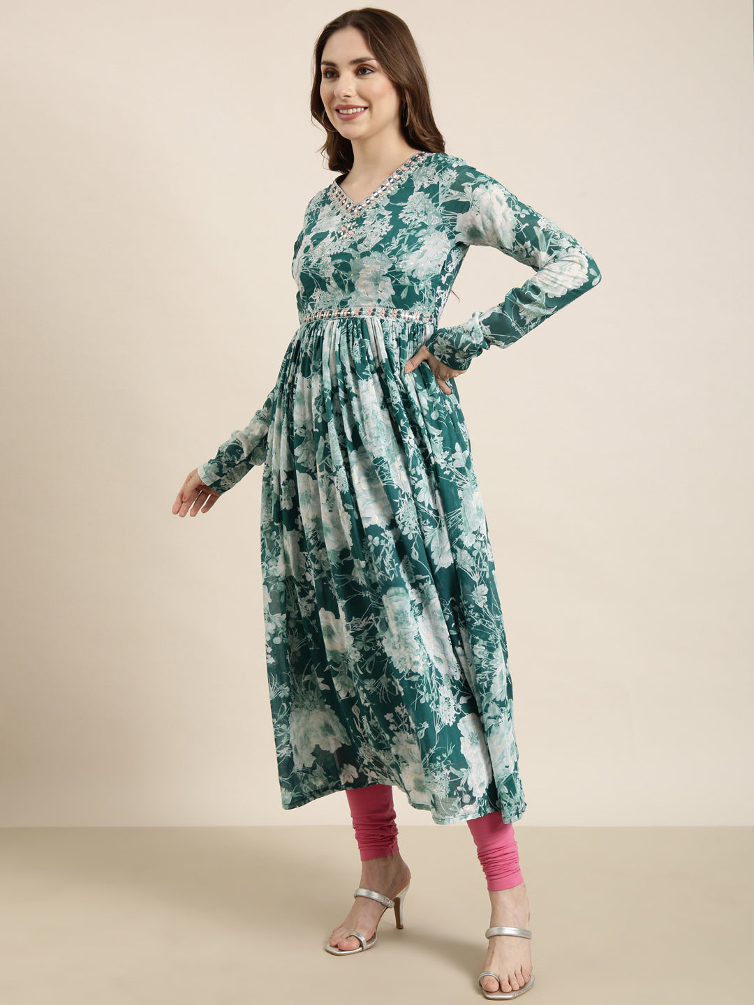 Women's Anarkali Teal Floral Kurta Sets with Dupatta