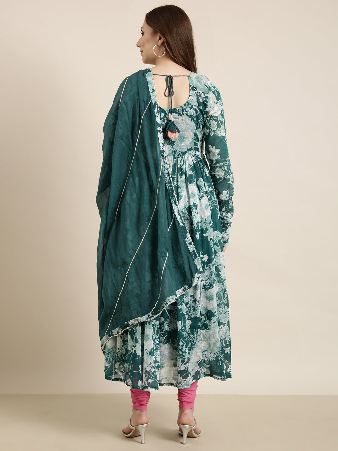 Women's Anarkali Teal Floral Kurta Sets with Dupatta