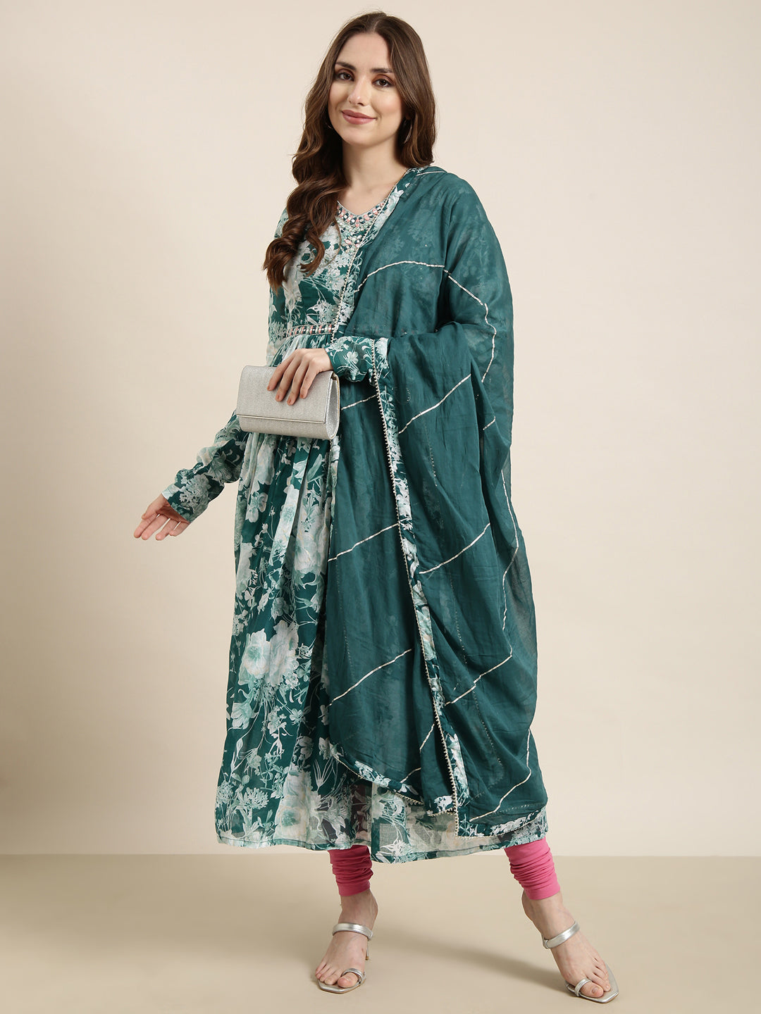 Women's Anarkali Teal Floral Kurta Sets with Dupatta
