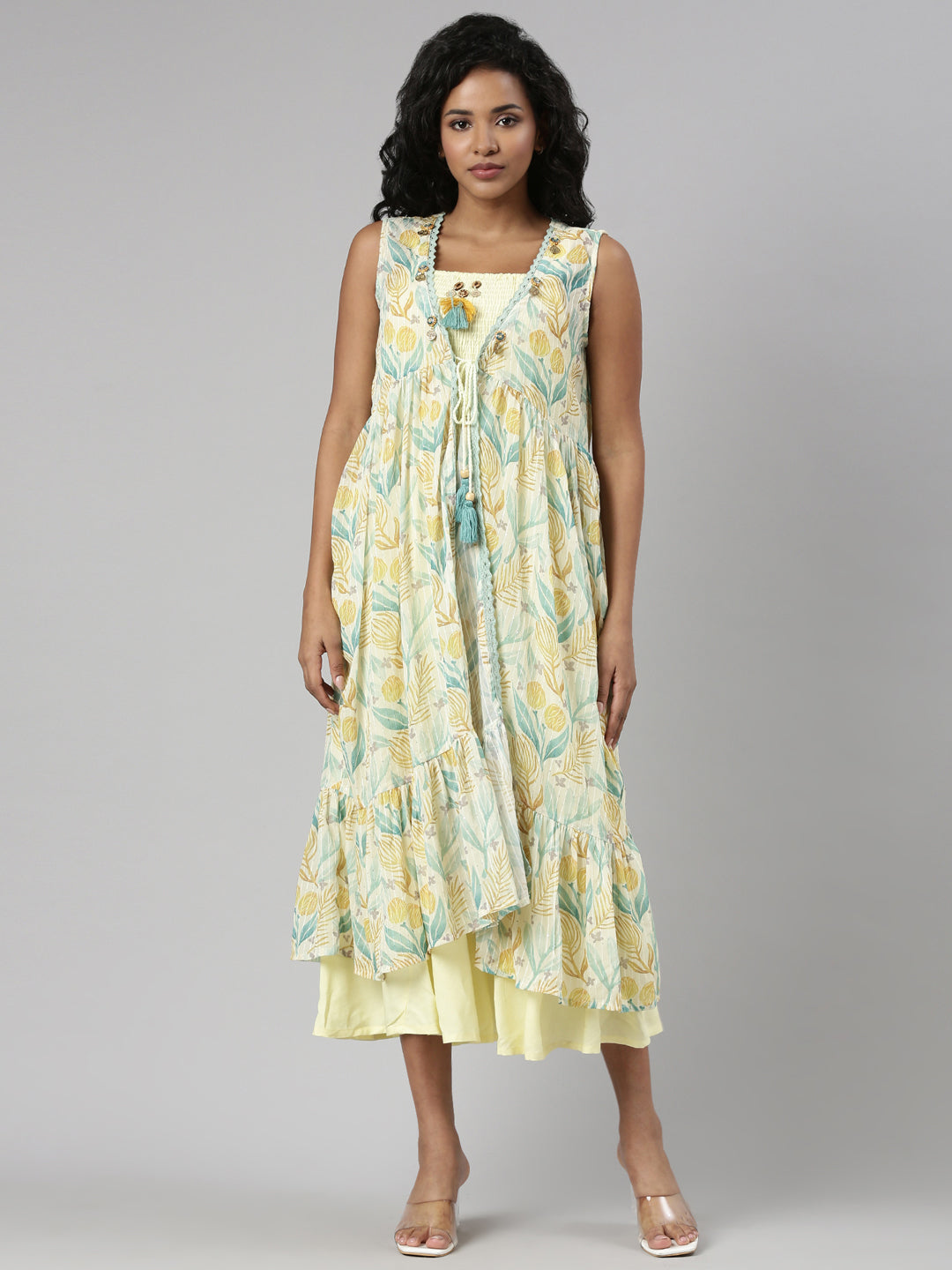 Women's Yellow Floral Printed Fit & Flare Midi Dress