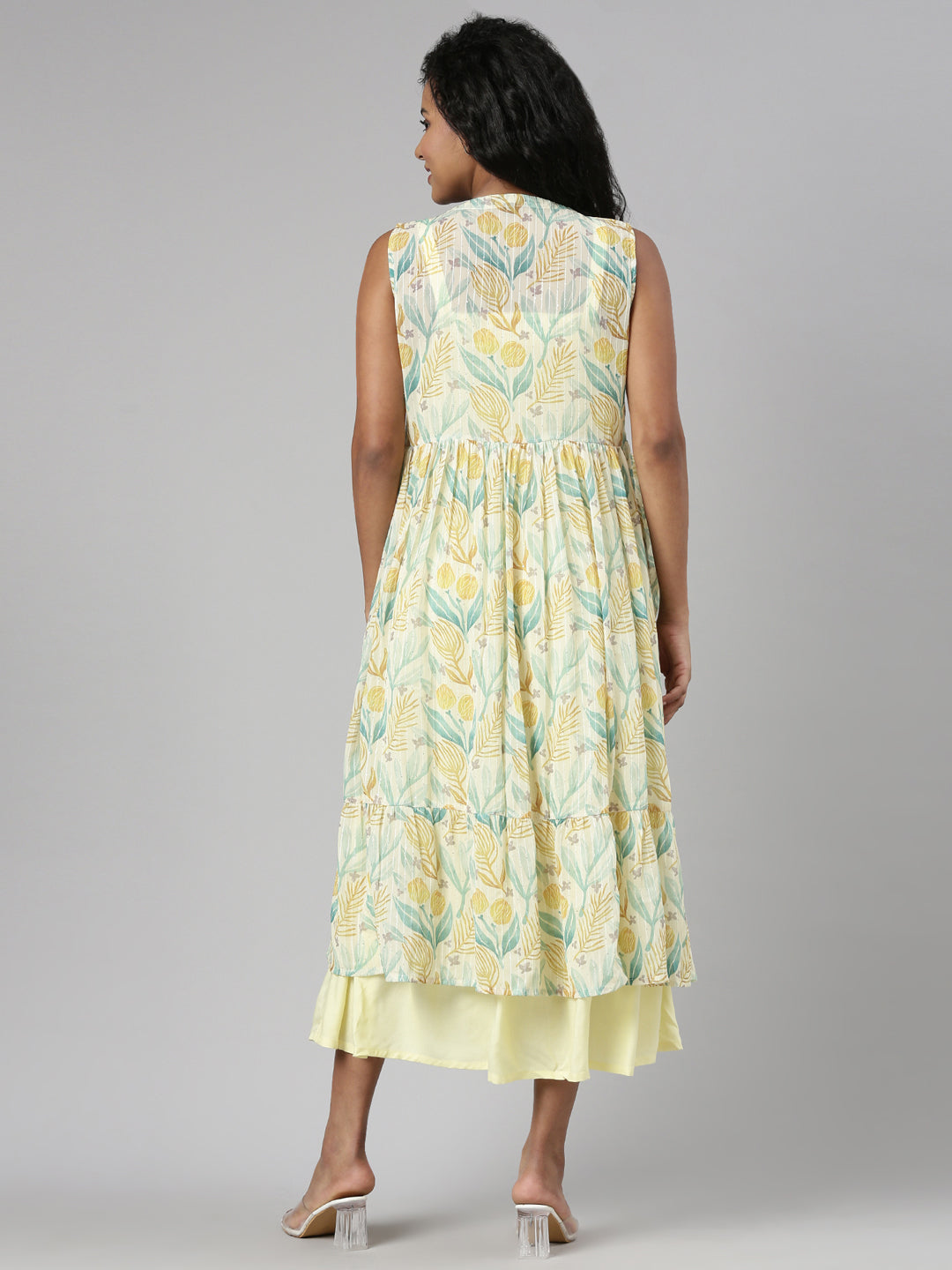 Women's Yellow Floral Printed Fit & Flare Midi Dress