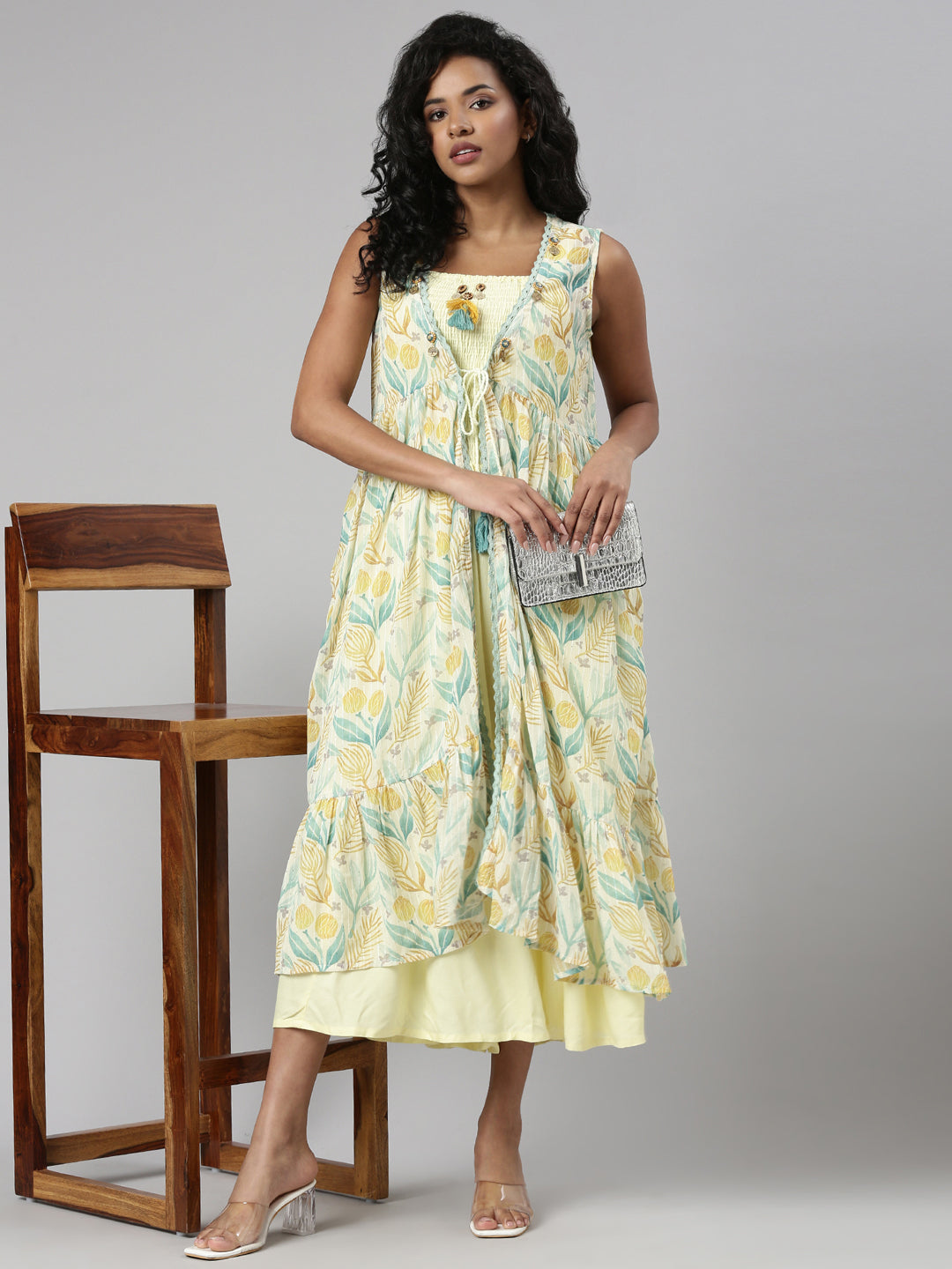 Women's Yellow Floral Printed Fit & Flare Midi Dress